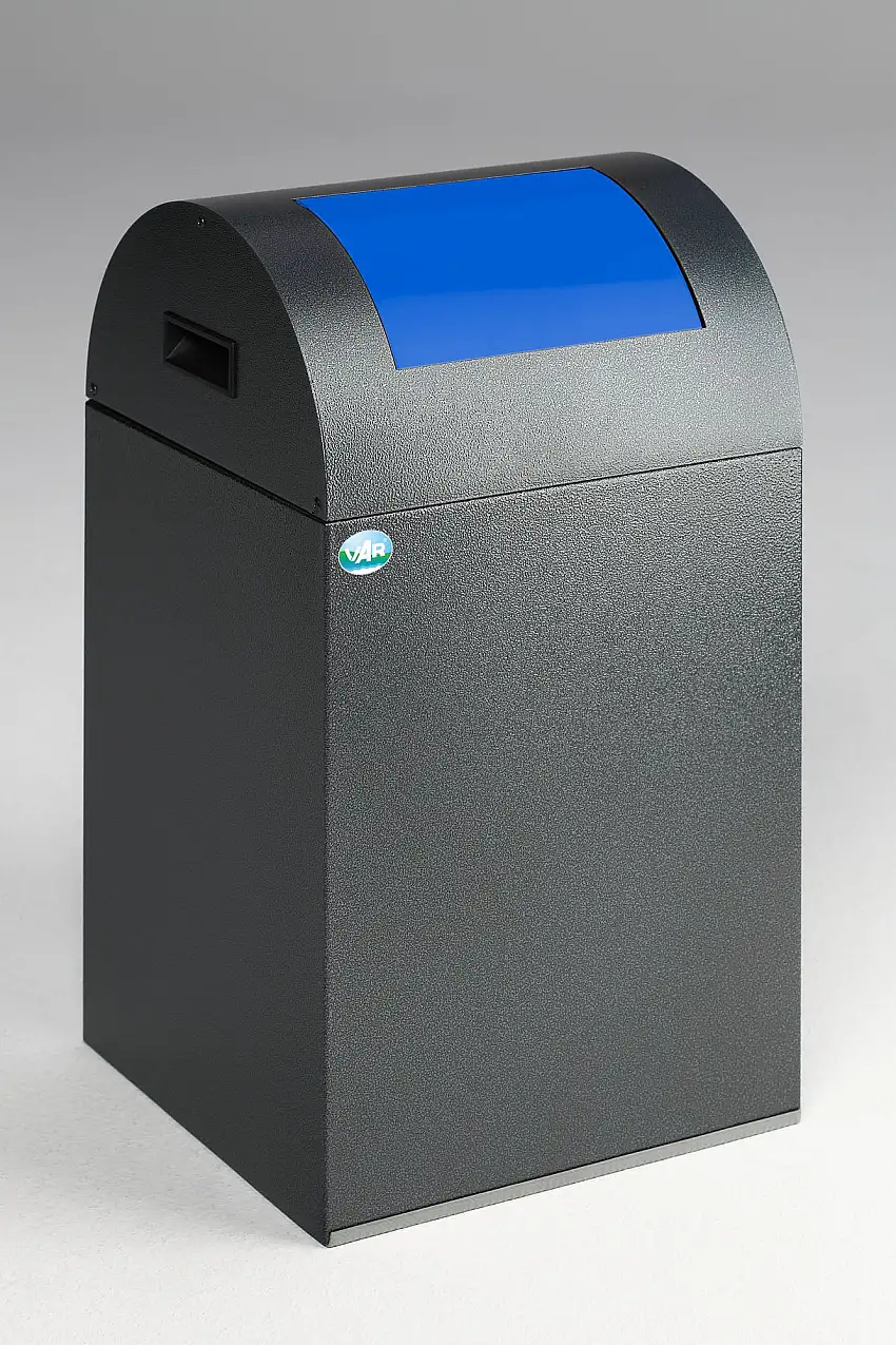 Selbstlöschender Wertstoffsammler rund mit Einwurfklappe | 43 Liter, HxBxT 60x32x32cm | Verzinkter Stahl | Grau-Blau