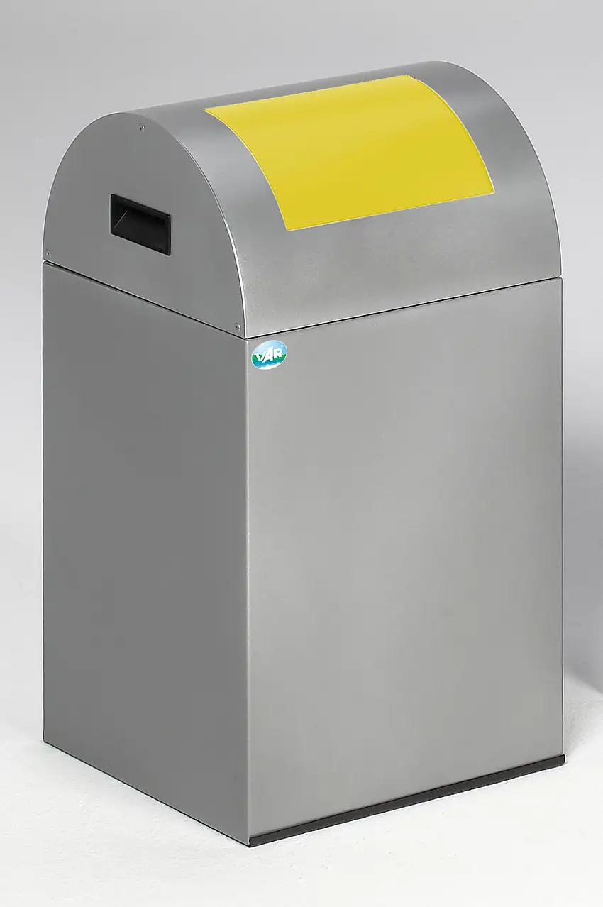 Selbstlöschender Wertstoffsammler rund mit Einwurfklappe | 43 Liter, HxBxT 60x32x32cm | Verzinkter Stahl | Silber-Gelb