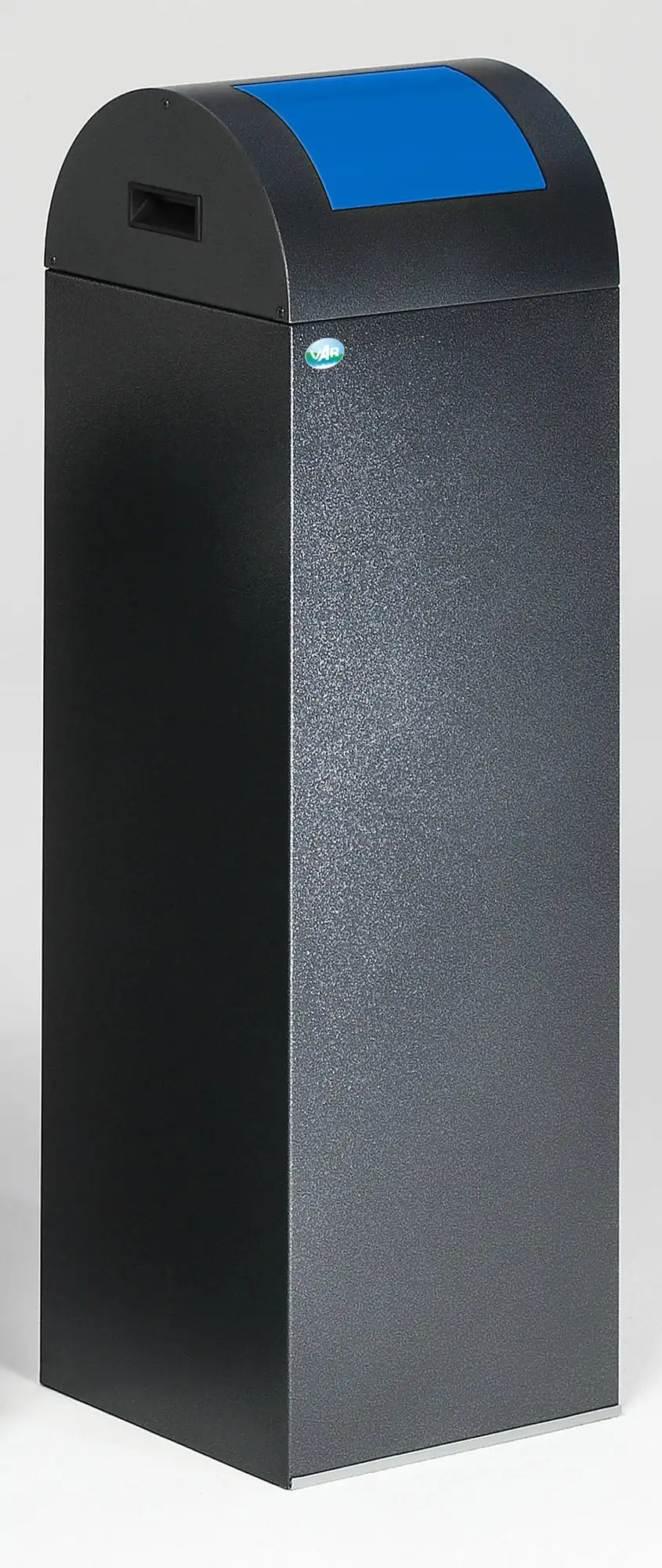 Selbstlöschender Wertstoffsammler rund mit Einwurfklappe | 89 Liter, HxBxT 104,5x32x32cm | Verzinkter Stahl | Grau-Blau