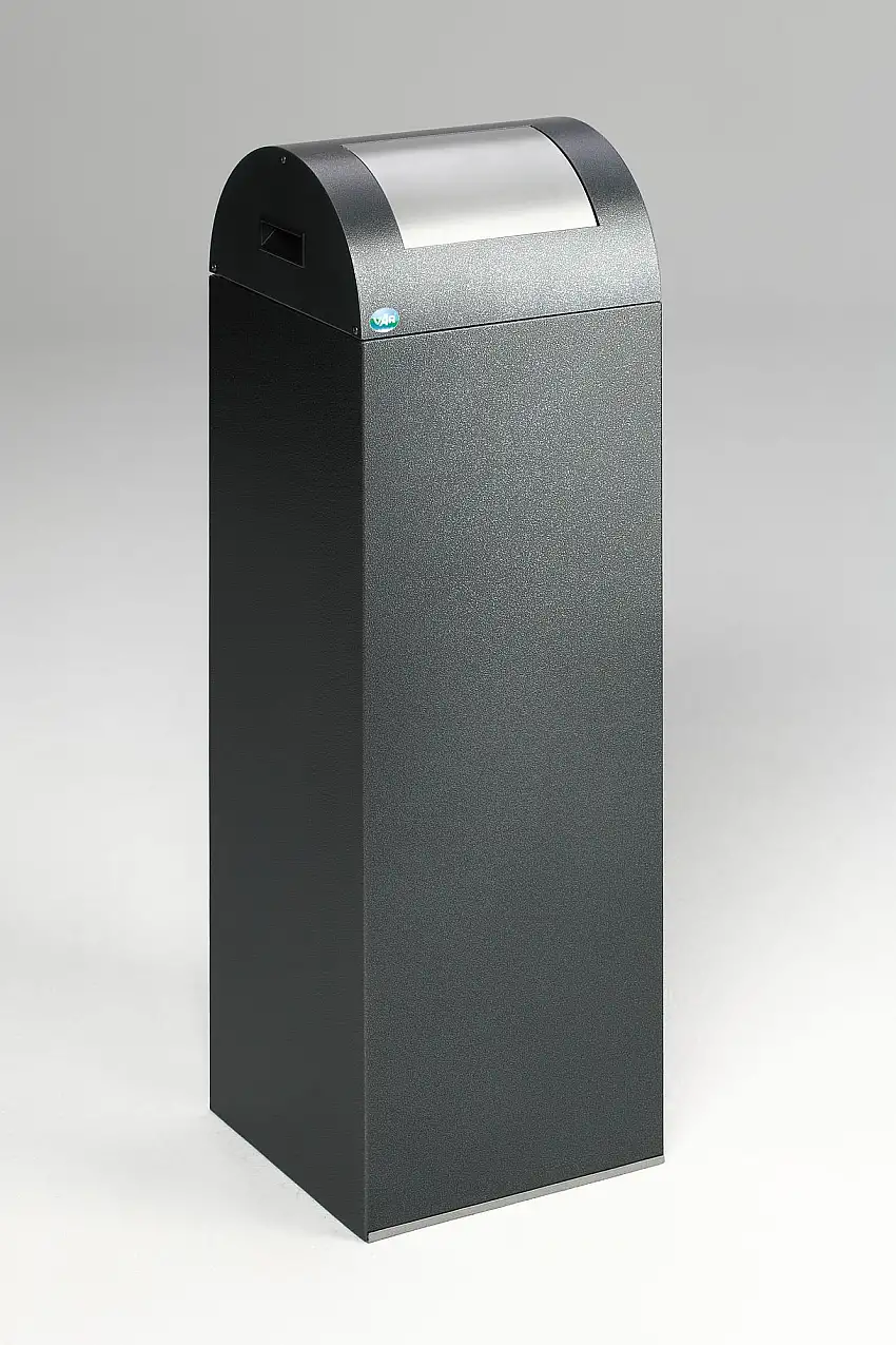 Selbstlöschender Wertstoffsammler rund mit Einwurfklappe | 89 Liter, HxBxT 104,5x32x32cm | Verzinkter Stahl | Grau-Silber