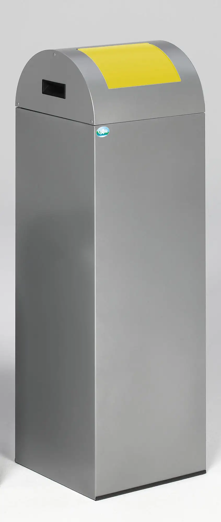 Selbstlöschender Wertstoffsammler rund mit Einwurfklappe | 89 Liter, HxBxT 104,5x32x32cm | Verzinkter Stahl | Silber-Gelb