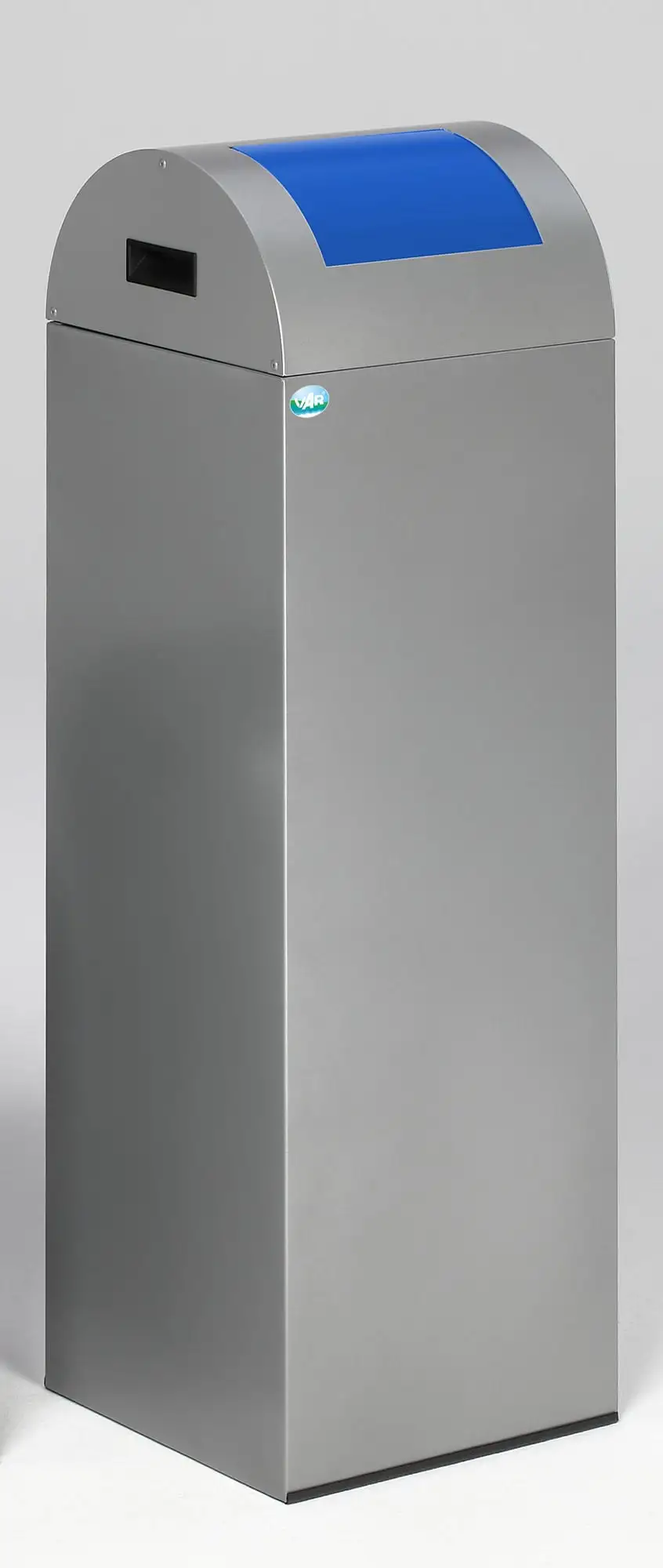 Selbstlöschender Wertstoffsammler rund mit Einwurfklappe | 89 Liter, HxBxT 104,5x32x32cm | Verzinkter Stahl | Silber-Blau