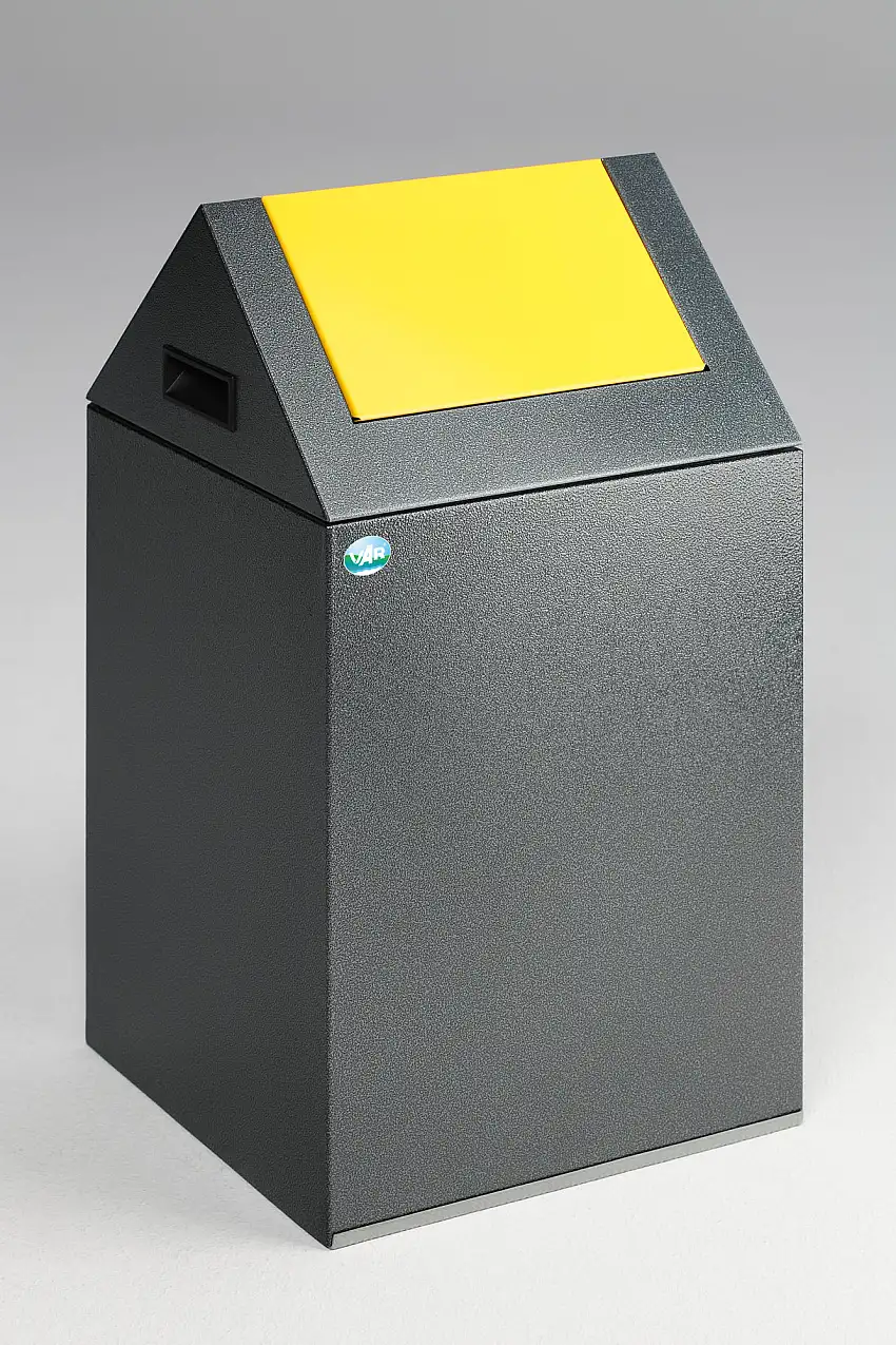 Selbstlöschender Wertstoffsammler spitz mit Einwurfklappe | 43 Liter, HxBxT 60x32x32cm | Verzinkter Stahl | Grau-Gelb
