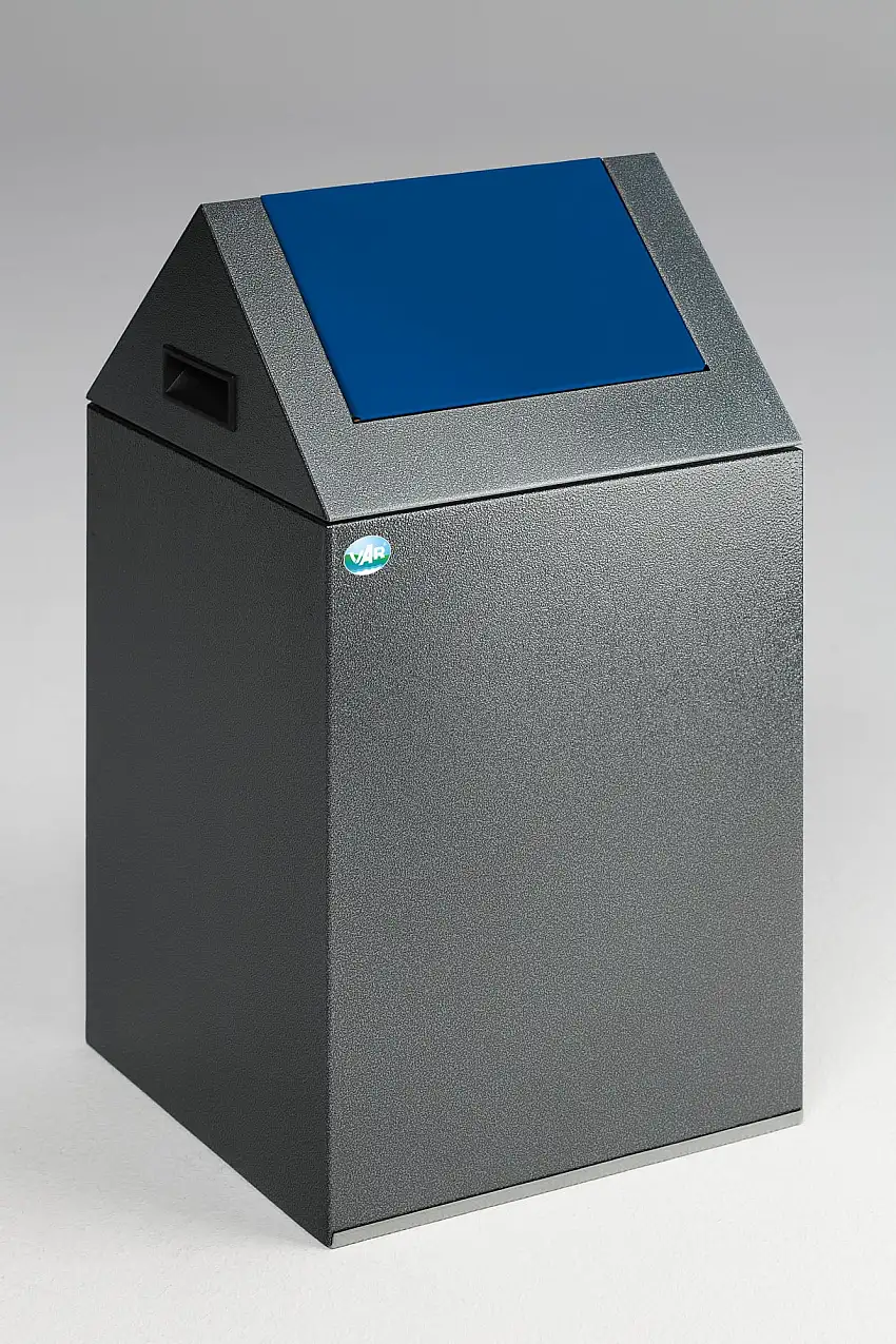Selbstlöschender Wertstoffsammler spitz mit Einwurfklappe | 43 Liter, HxBxT 60x32x32cm | Verzinkter Stahl | Grau-Blau