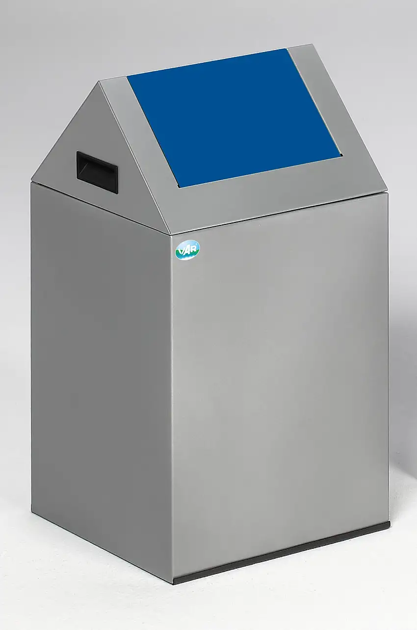 Selbstlöschender Wertstoffsammler spitz mit Einwurfklappe | 43 Liter, HxBxT 60x32x32cm | Verzinkter Stahl | Silber-Blau