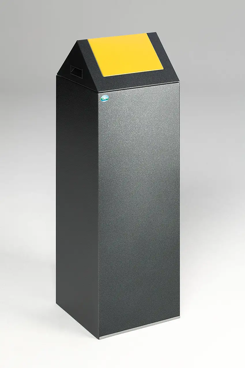 Selbstlöschender Wertstoffsammler spitz mit Einwurfklappe | 89 Liter, HxBxT 104,5x32x32cm | Verzinkter Stahl | Grau-Gelb