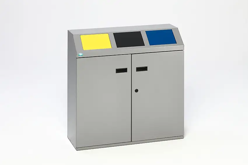 Robustes Wertstoffsortiersystem eckig 3-Fach | 48 Liter je Behälter, HxBxT 91x88x32,5cm | Verzinkter Stahl | Silber