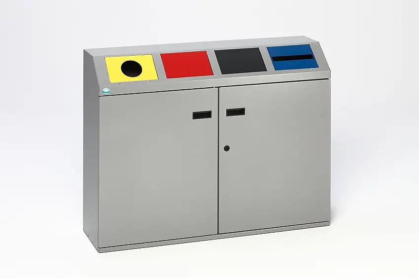 Robustes Wertstoffsortiersystem eckig 4-Fach | 48 Liter je Behälter, HxBxT 91x115x32,5cm | Verzinkter Stahl | Silber
