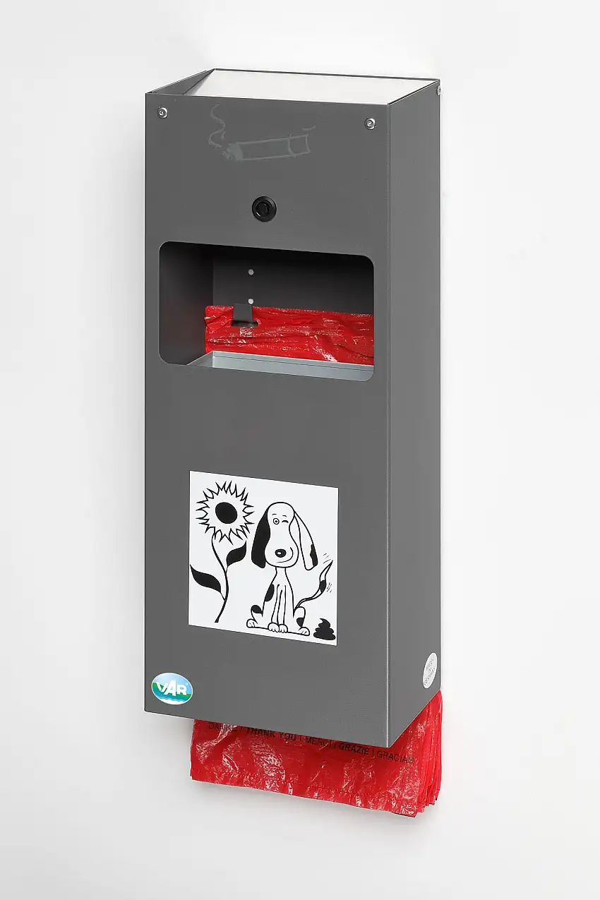 Robuster Kombiascher mit Hundekotbeutelspender inkl. Hinweisschild | Wand- oder Rohrmontage | HxBxT 60x13x20,5cm | Verzinkter Stahl | Grau