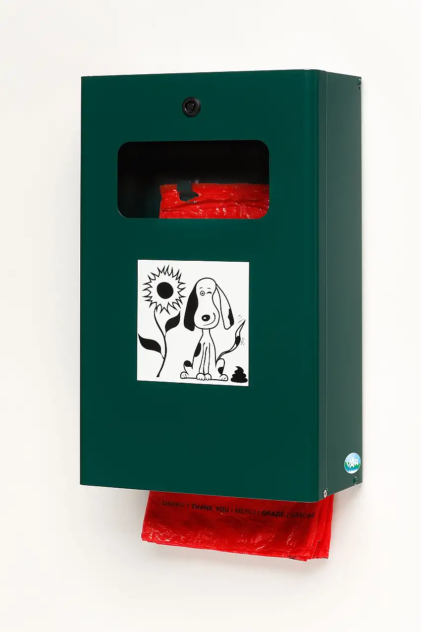 Robuster Kombiascher mit Hundekotbeutelspender | Wand- oder Rohrmontage | HxBxT 43x26,5x14,8cm | Verzinkter Stahl | Grün