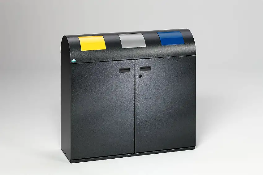 Selbstlöschende Wertstoffsammelstation mit 3 Einsätzen | 80 Liter je Behälter, HxBxT 99,5x108x37,5cm | Verzinkter Stahl | Grau