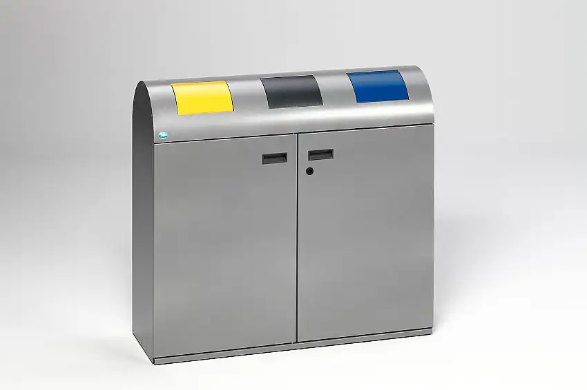 Selbstlöschende Wertstoffsammelstation mit 3 Einsätzen | 80 Liter je Behälter, HxBxT 99,5x108x37,5cm | Verzinkter Stahl | Silber