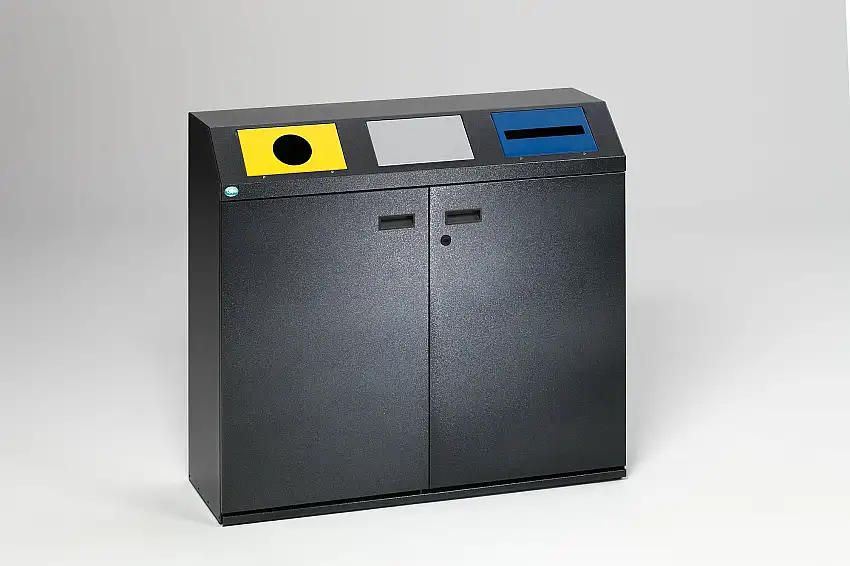 Selbstlöschende Wertstoffsammestation eckig mit 3 Einsätzen | 80 Liter je Behälter, HxBxT 97,5x108x37,5cm | Verzinkter Stahl | Grau