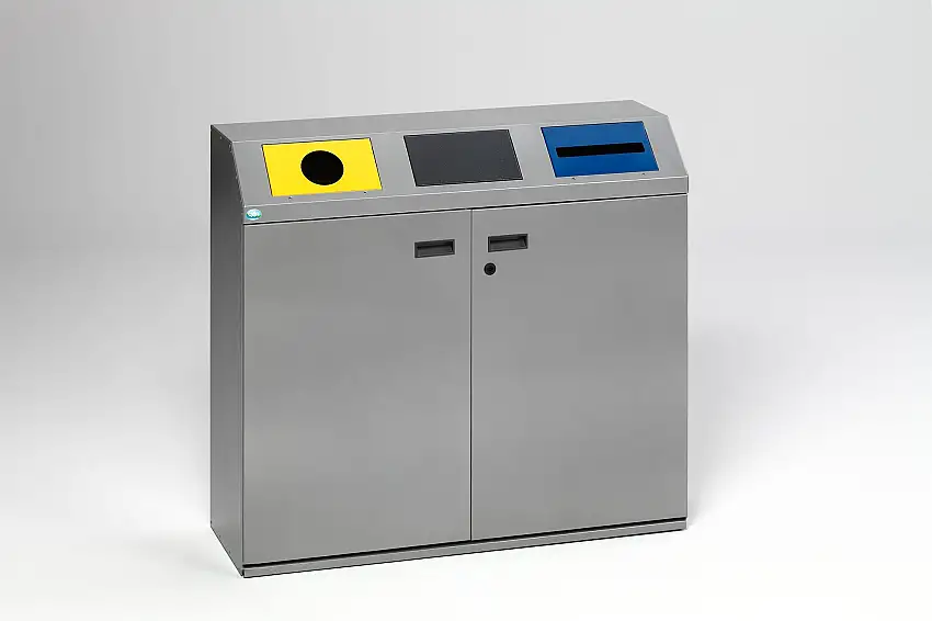 Selbstlöschende Wertstoffsammelstation eckig mit 3 Einsätzen | 80 Liter je Behälter, HxBxT 97,5x108x37,5cm | Verzinkter Stahl | Silber