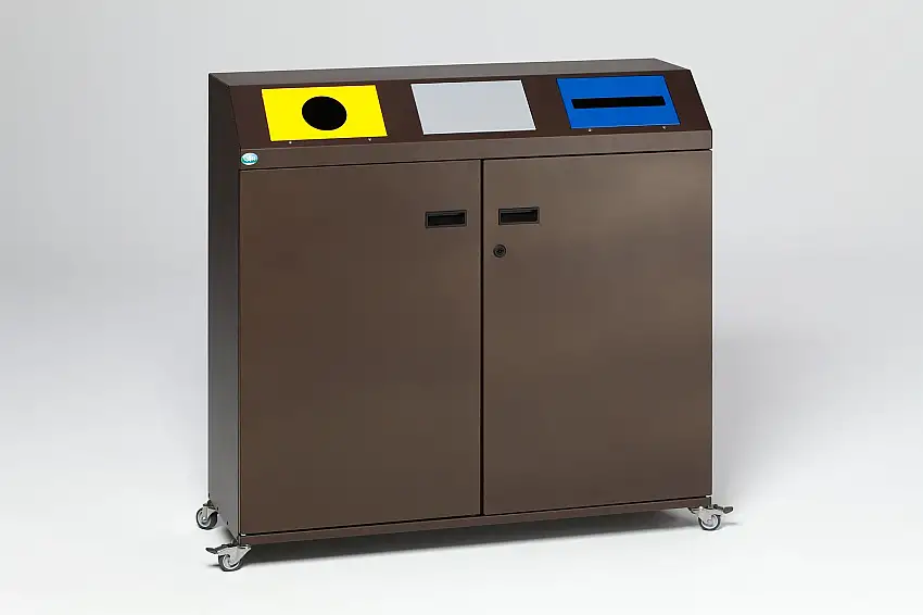 Selbstlöschende Wertstoffsammelstation eckig mit 3 Einsätzen | 80 Liter je Behälter, HxBxT 97,5x108x37,5cm | Verzinkter Stahl | Braun