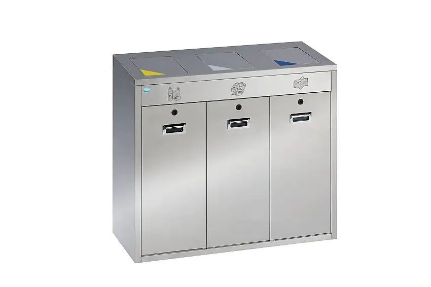 Wertstoffsortiersystem mit 3 Einwurfklappen | 144 Liter, HxBxT 92x100x43cm | Edelstahl