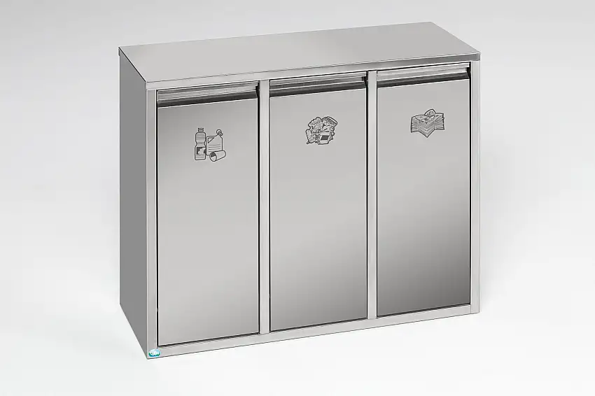 Wertstoffsortiersystem mit 3 Klapptüren | Stand- oder Wandbefestigung | 36 Liter, HxBxT 57x70,5x27cm | Edelstahl