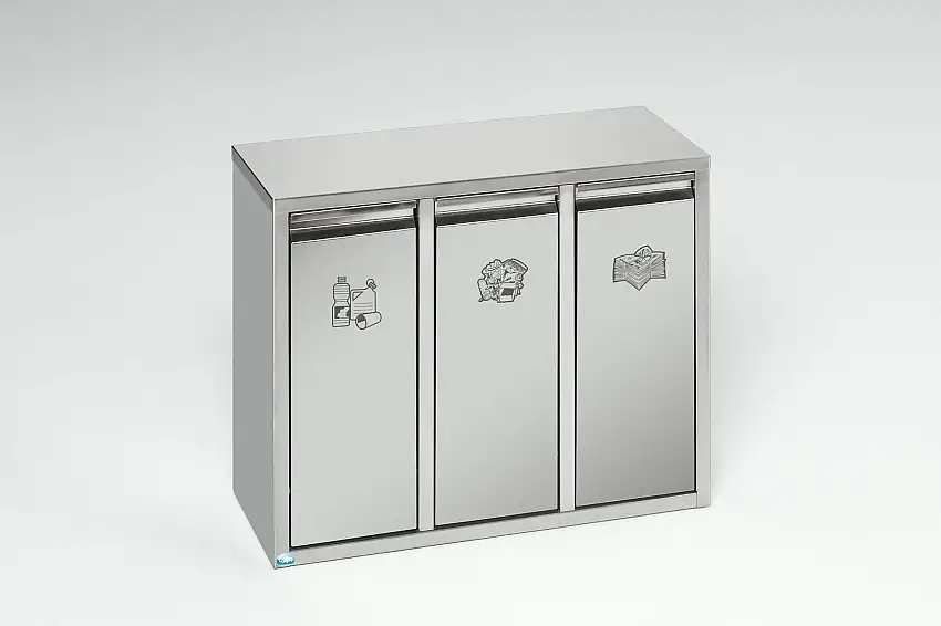 Wertstoffsortiersystem mit 3 Klapptüren | Stand- oder Wandbefestigung | 21 Liter, HxBxT 47x58x27cm | Edelstahl