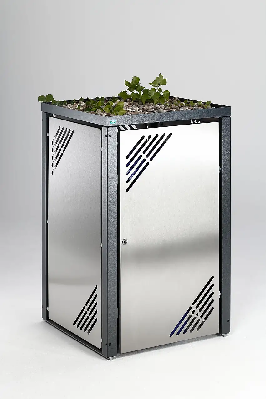 Robuster Mülltonnenschrank mit Pflanzendeckel inkl. Gasdruckdämpfer | HxBxT 127x77x81cm | Edelstahl | Grau