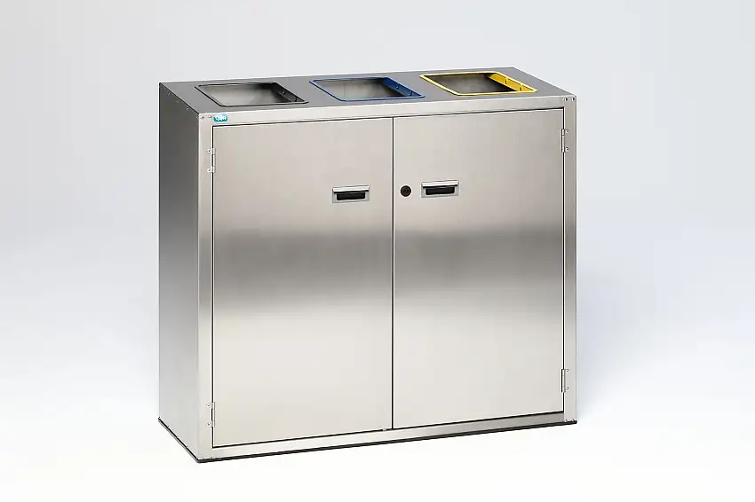 Wertstoffsortiersystem mit 3 farbigen Einwurfklappen | 127 Liter, HxBxT 90x100x43cm | Edelstahl
