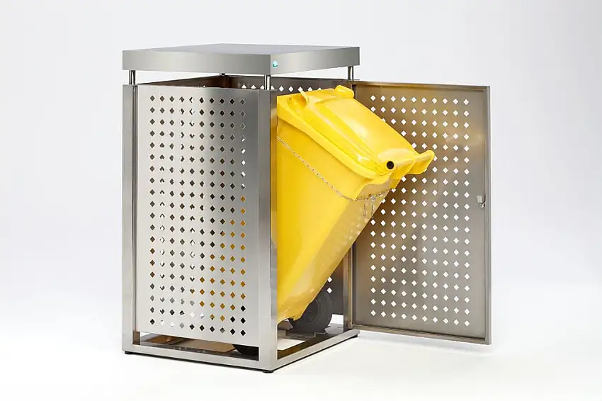 Robuster Müllbehälterschrank mit Doppelbartschloss | 120 Liter, HxBxT 115x67,5x62,5cm | Edelstahl | Silber
