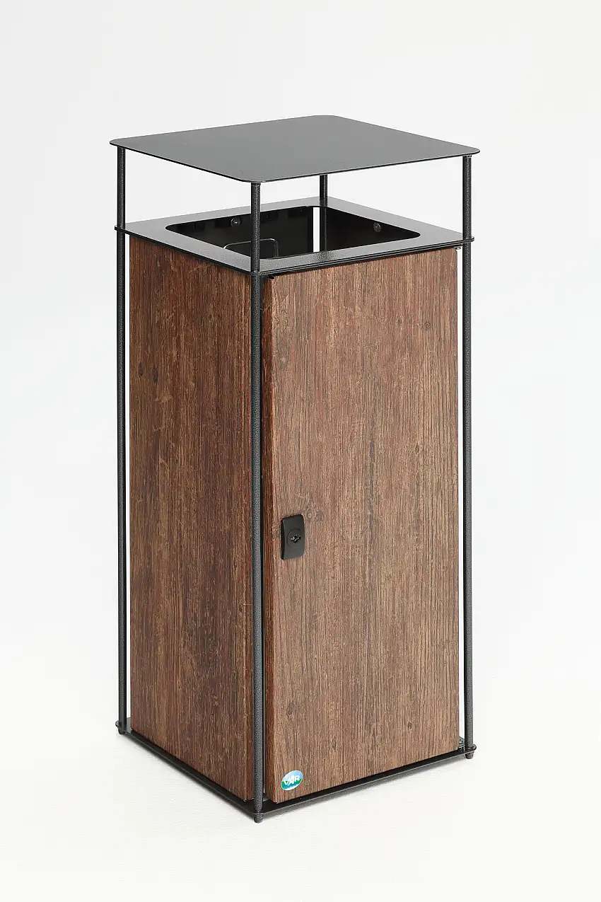 Robuster Abfallsammler mit Dach und Einwurfrahmen | 51 Liter, HxBxT 90x40x40cm | Verzinkter Stahl | Braun
