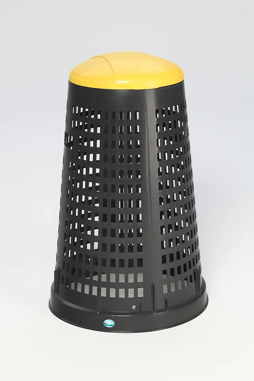 Robuster Abfallsammler Korbständer mit Klemmring | 90 Liter, HxBxT 88x52,5x52,5cm | Kunststoff | Schwarz | Gelber Deckel