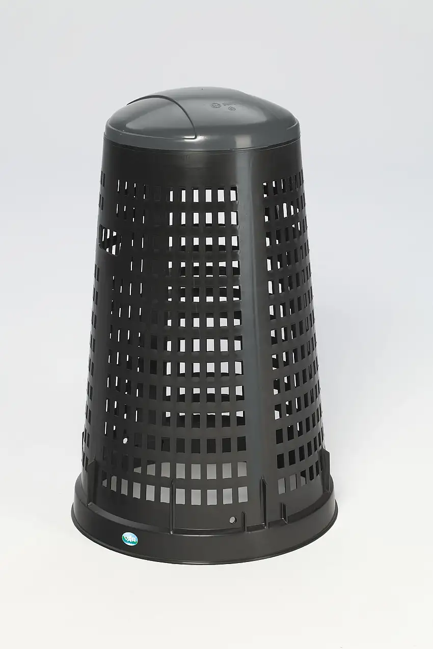 Robuster Abfallsammler Korbständer mit Klemmring | 90 Liter, HxBxT 88x52,5x52,5cm | Kunststoff | Schwarz | Grauer Deckel