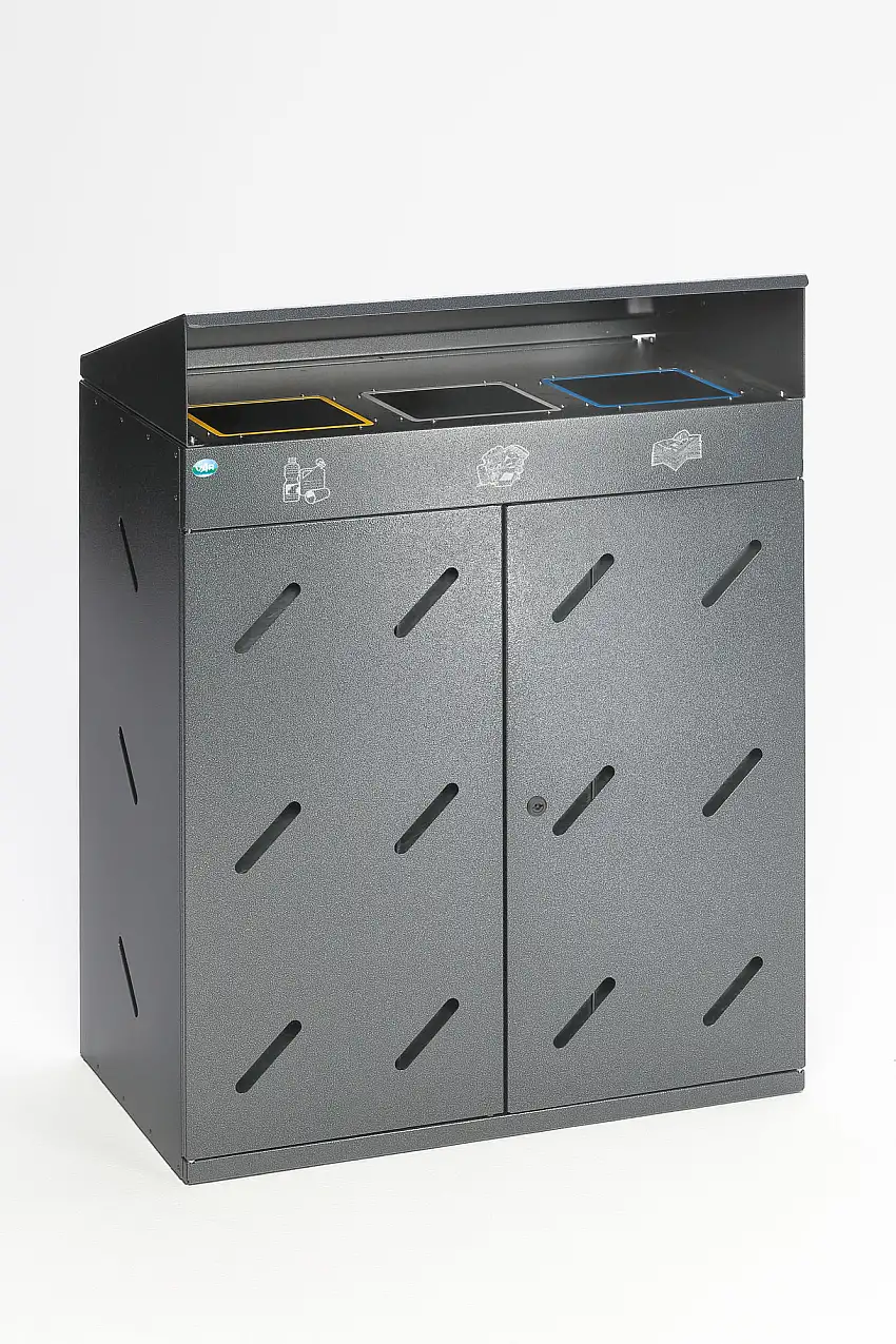 Robuste Wertstoffsammlstation 4-Fach-Einwurf | 200 Liter, HxBxT 118,5x58x58cm | Verzinkter Stahl | Grau