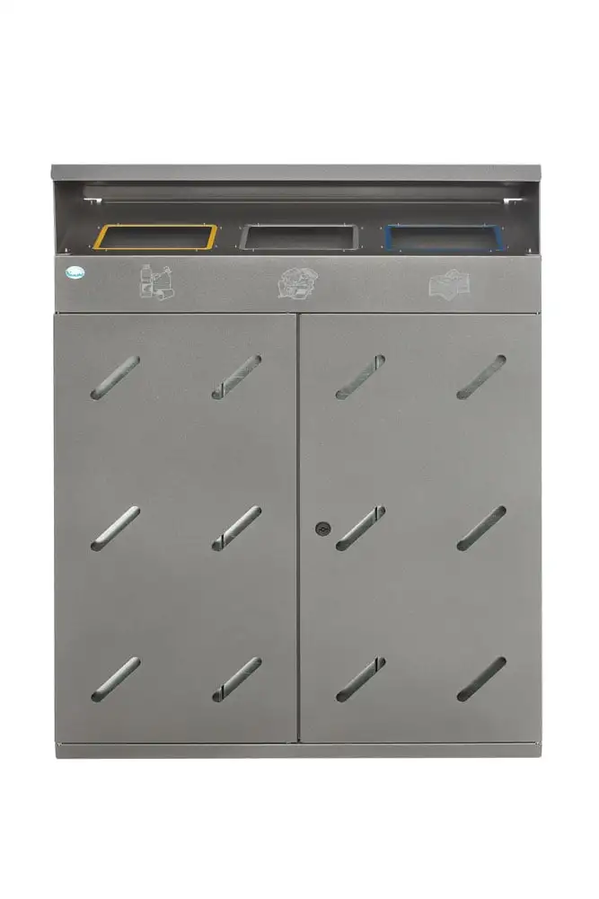 Robuste Wertstoffsammlstation 3-Fach-Einwurf | 300 Liter, HxBxT 118,5x89x50cm | Verzinkter Stahl | Eisenglimmer