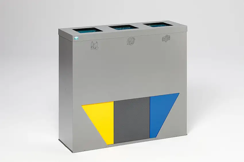 Robuste Wertstoffsammlstation mit 3 Einsätzen | 89 Liter je Behälter, HxBxT 93,3x102,7x33cm | Verzinkter Stahl | Silber