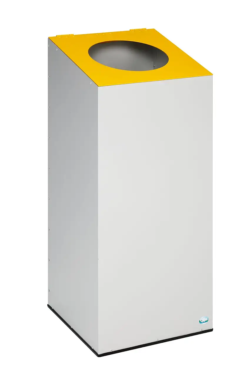 Robuster & modularer Wertstoffsammler mit runder Einwurföffnung | 100 Liter, HxBxT 89x38x38cm | Verzinkter Stahl | Lichtgrau/Gelb