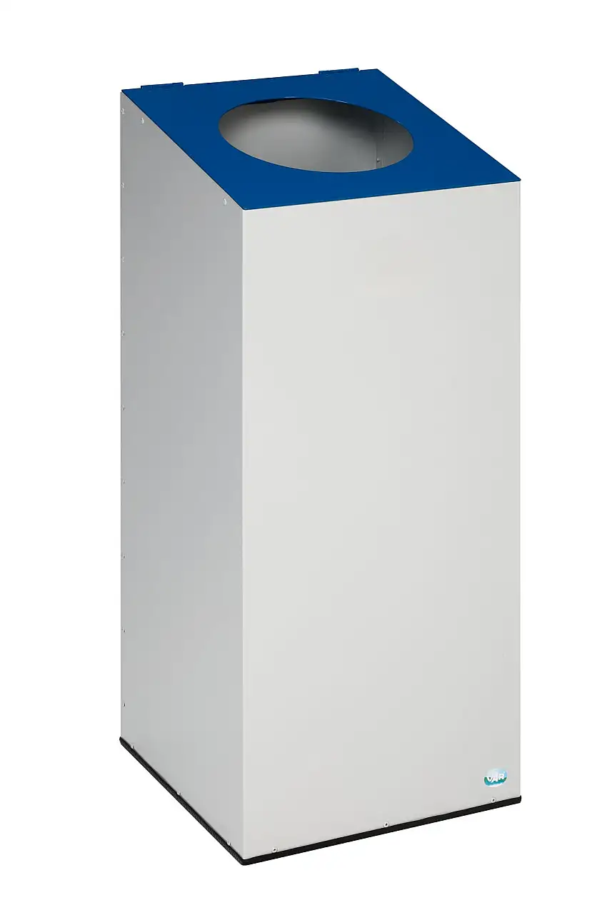 Robuster & modularer Wertstoffsammler mit runder Einwurföffnung | 100 Liter, HxBxT 89x38x38cm | Verzinkter Stahl | Lichtgrau/Blau
