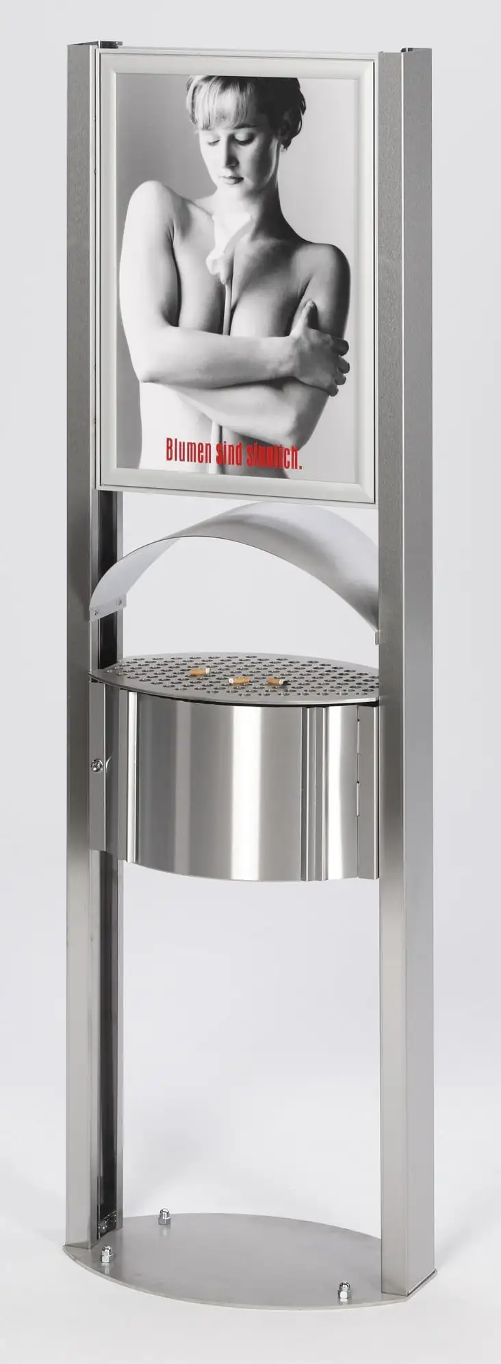 Robuster Standascher mit Schutzdach & Werbefläche für den Aussenbereich | 15 Liter, HxBxT 180x58x35cm | Edelstahl