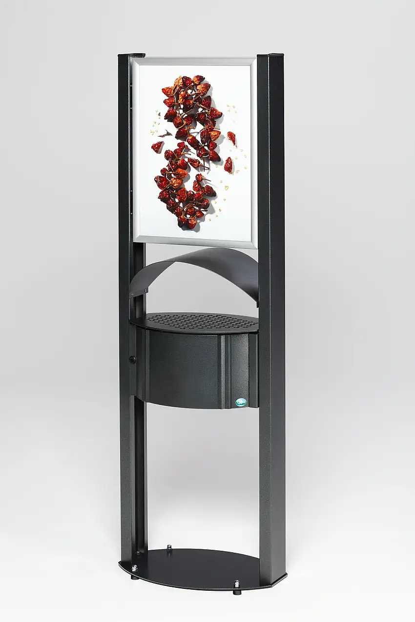 Robuster Standascher mit Schutzdach & Werbefläche für den Aussenbereich | 15 Liter, HxBxT 180x58x35cm | Verzinkter & pulverbeschichteter Stahl | Antik-Silber