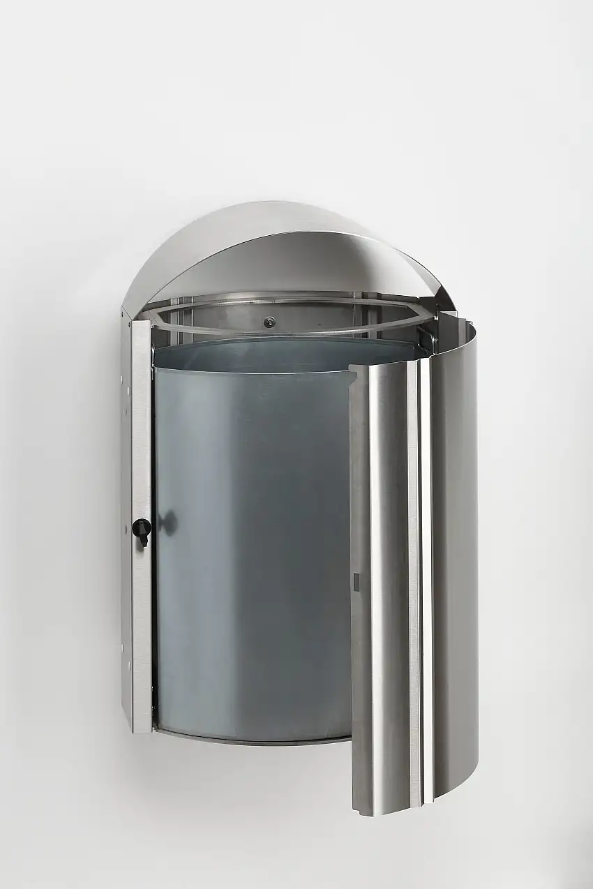 Robuster Wandabfallsammler mit Schutzdach für den Aussenbereich | 50 Liter, HxBxT 79x48x35cm | Edelstahl