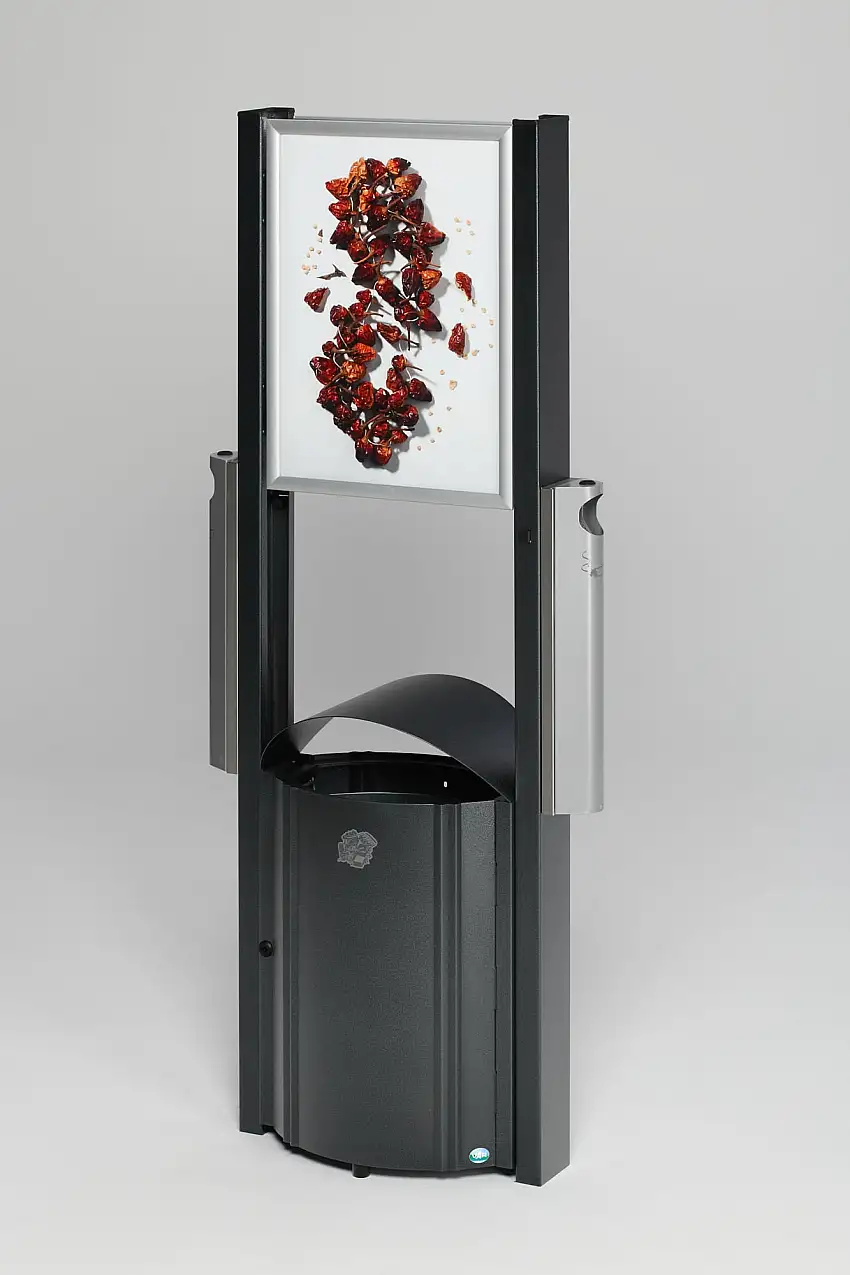 Robuster Kombiascher mit Schutzdach & Werbefläche für den Aussenbereich | 50 Liter, HxBxT 180x71x35cm | Verzinkter & pulverbeschichteter Stahl | Antik-Silber