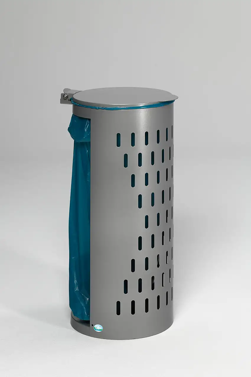 Kompakter Abfallsammler gelocht mit Deckel | 35cm Einfüllöffnung | HxBxT 85x44x44cm | Stahl | Silber