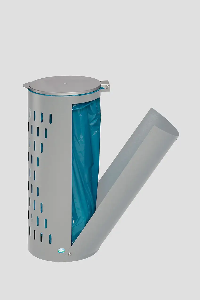 Kompakter Abfallsammler gelocht mit Deckel & Klapptür | 35cm Einfüllöffnung | HxBxT 85x44x44cm | Stahl | Silber