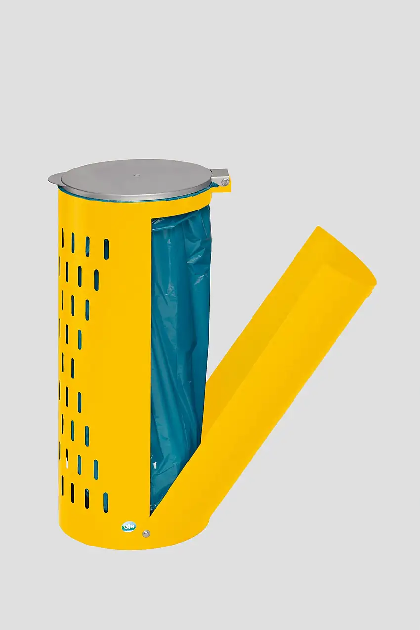 Kompakter Abfallsammler gelocht mit Deckel & Klapptür | 35cm Einfüllöffnung | HxBxT 85x44x44cm | Stahl | Gelb