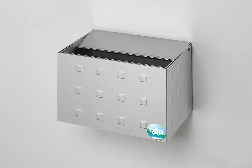 Wandascher mit hochklappbarer Vorderwand | 0,8 Liter, HxBxT 12,5x20x12,5cm | Aluminium | Silber