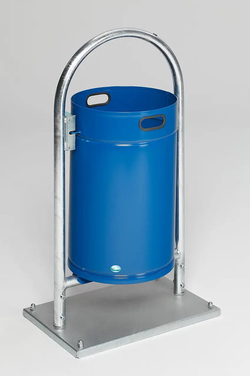Robuster Rohrbogenständer für Abfälle | mit Bodenplatte | 60 Liter, HxBxT 110x60x40cm | Verzinkter Stahl | Blau