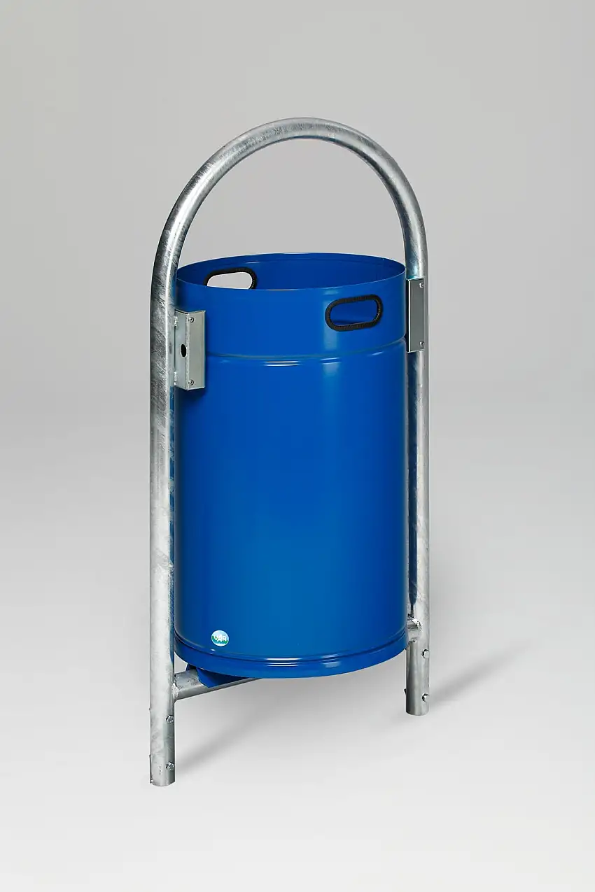 Robuster Rohrbogenständer für Abfälle | zum Einbetonieren | 60 Liter, HxBxT 145x60x40cm | Verzinkter Stahl | Blau