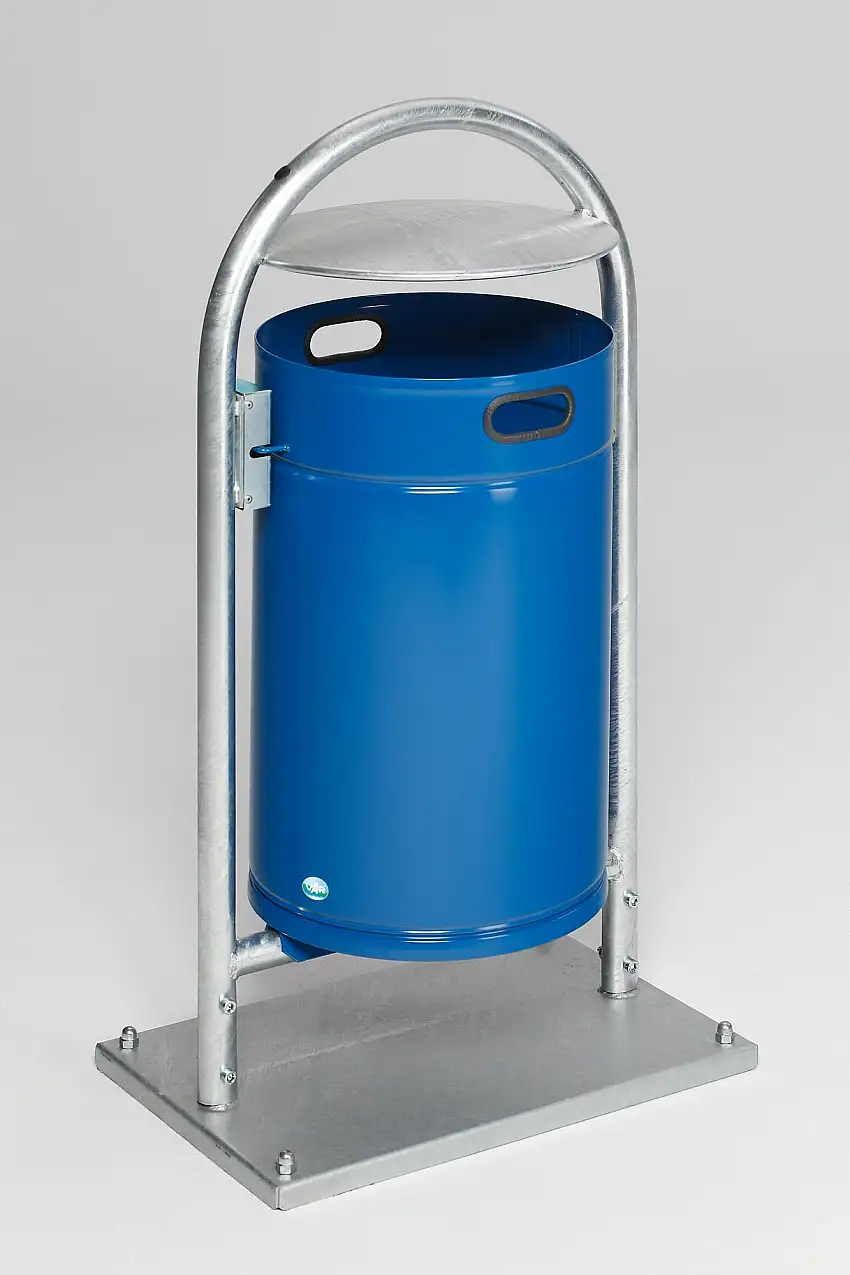 Robuster Rohrbogenständer für Abfälle | mit Dach | mit Bodenplatte | 60 Liter, HxBxT 110x60x40cm | Verzinkter Stahl | Blau