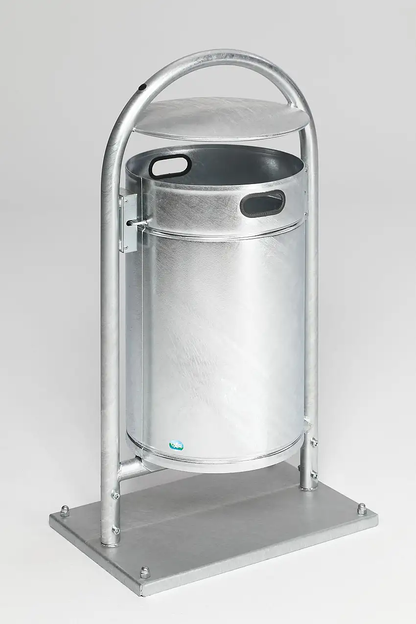 Robuster Rohrbogenständer für Abfälle | mit Dach | mit Bodenplatte | 60 Liter, HxBxT 110x60x40cm | Verzinkter Stahl | Feuerverzinkt