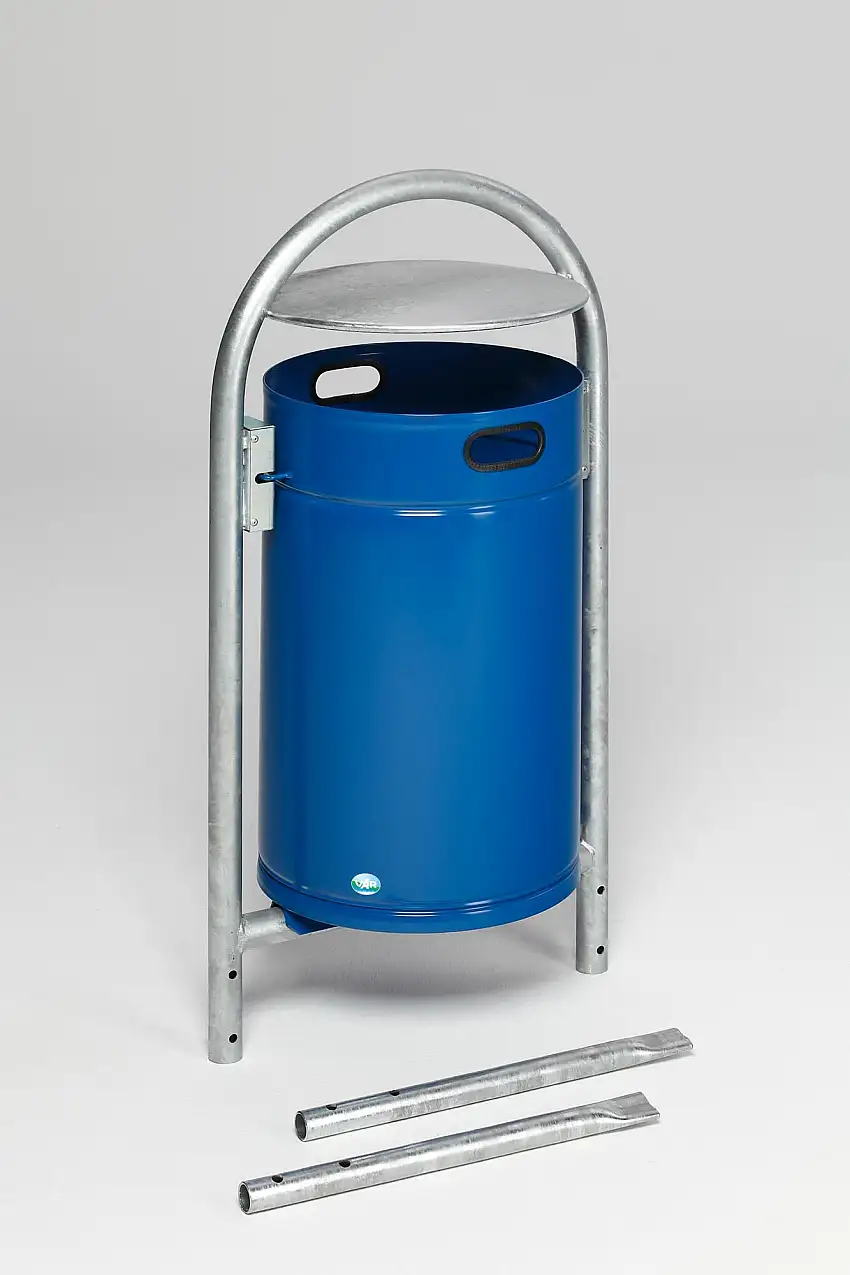 Robuster Rohrbogenständer für Abfälle | mit Dach | zum Einbetonieren | 60 Liter, HxBxT 145x60x40cm | Verzinkter Stahl | Blau