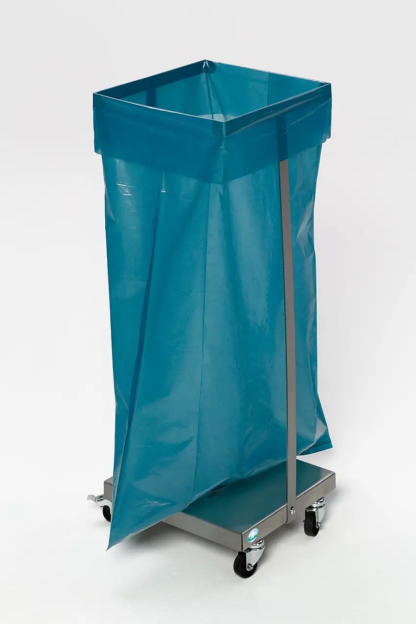Robuster Abfallsammler ohne Deckel | Fahrbar | für 60/70 Liter Säcke | HxBxT 70x29x33cm | Edelstahl | Silber