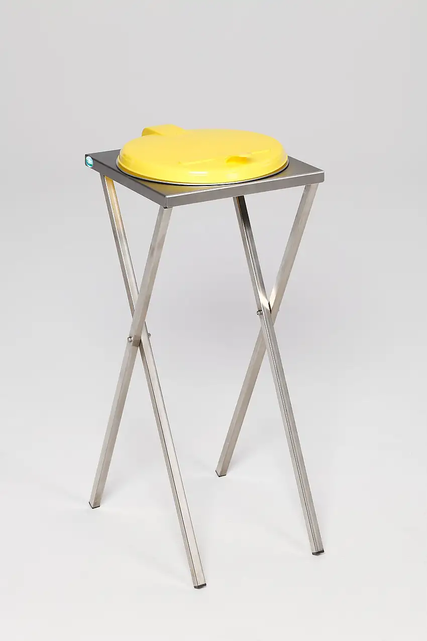 Robuster Scherenständer mit Klemmring | für 120 Liter Sack | HxBxT 90x40x45cm | Edelstahl | Gelber Deckel