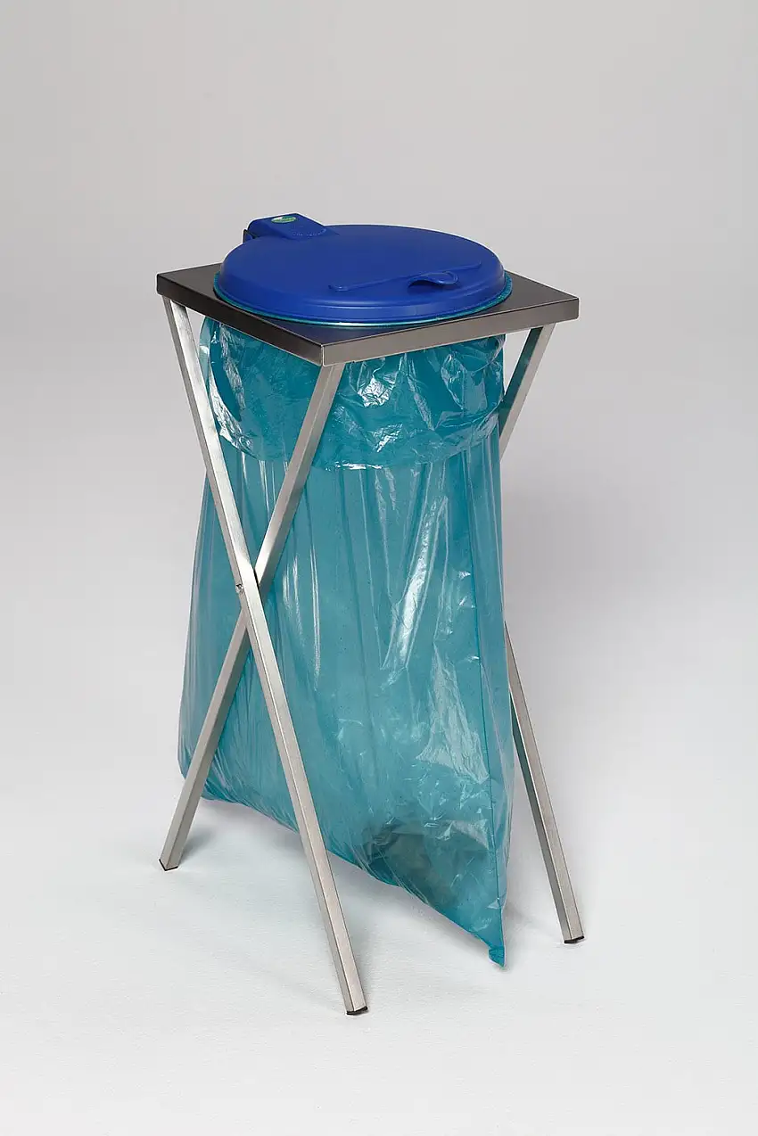 Robuster Scherenständer mit Klemmring | für 120 Liter Sack | HxBxT 90x40x45cm | Edelstahl | Blauer Deckel