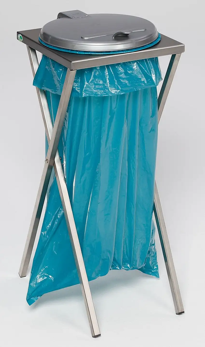 Robuster Scherenständer mit Klemmring | für 120 Liter Sack | HxBxT 90x40x45cm | Edelstahl | Silber Deckel
